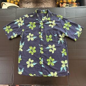 IZOD-Mens Hawaiian Shirt, Large, Blue Floral, Casual Button Down, 100% Silk